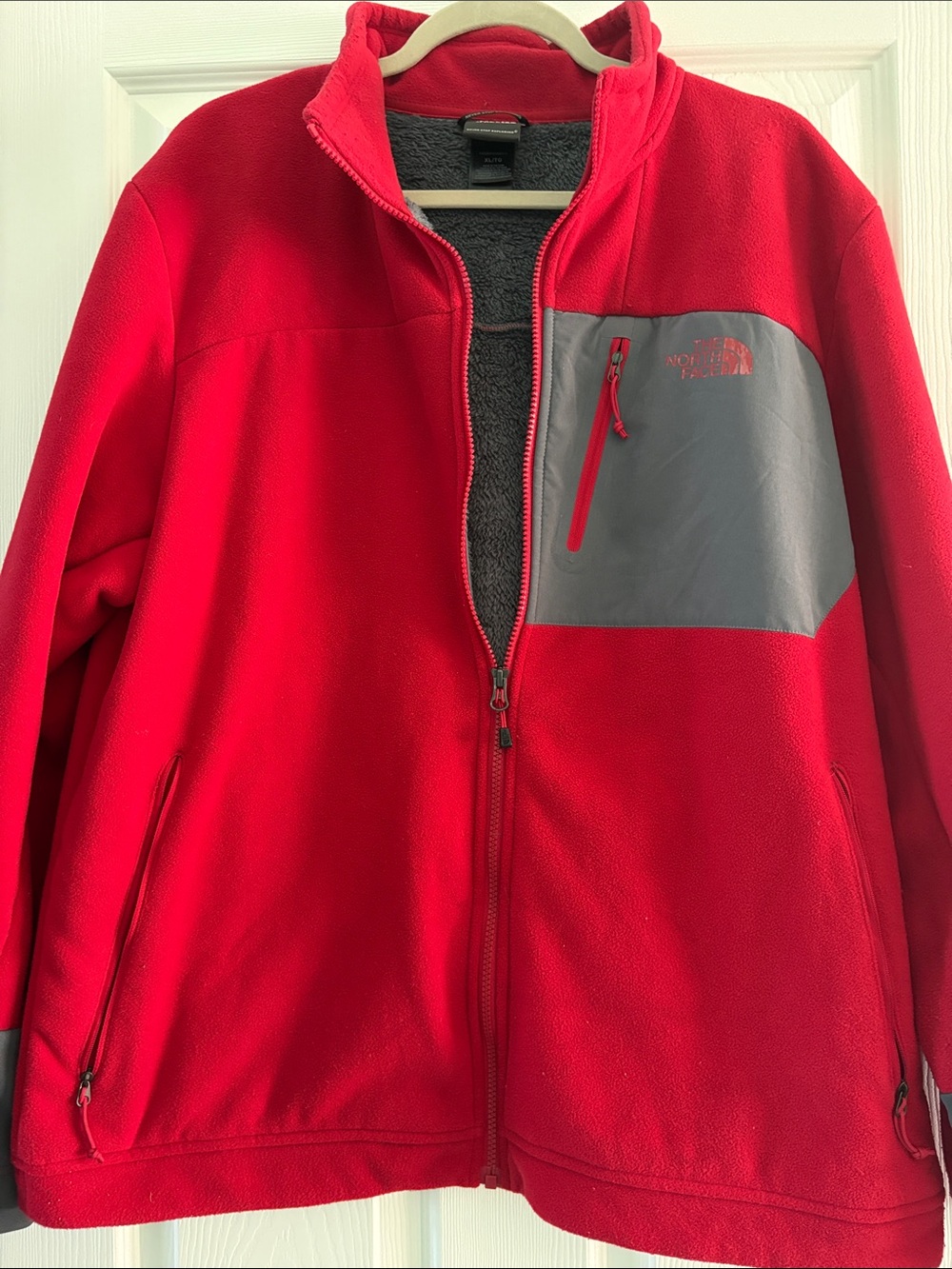 The North Face Red Fleece Jacket with Gray Chest Patch